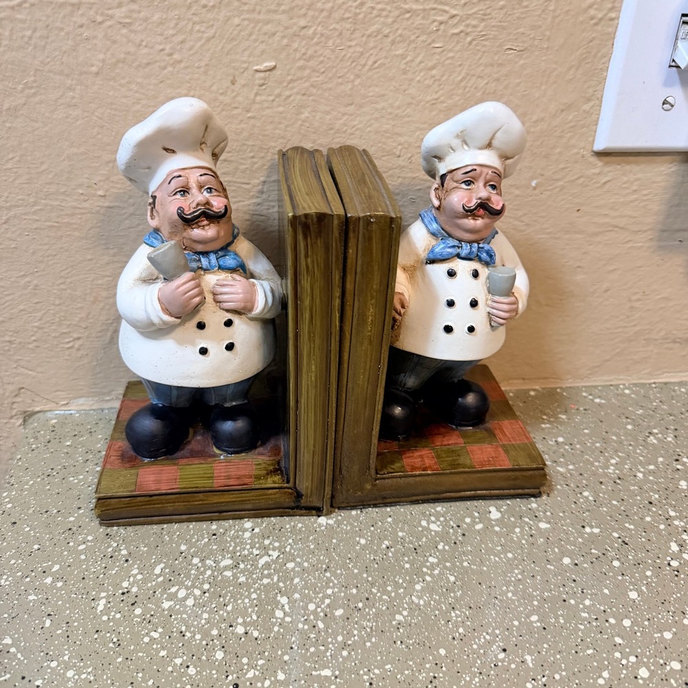 Vintage French Chef Bookends Set Kitchen Decor Italian Bistro Shelf Decor